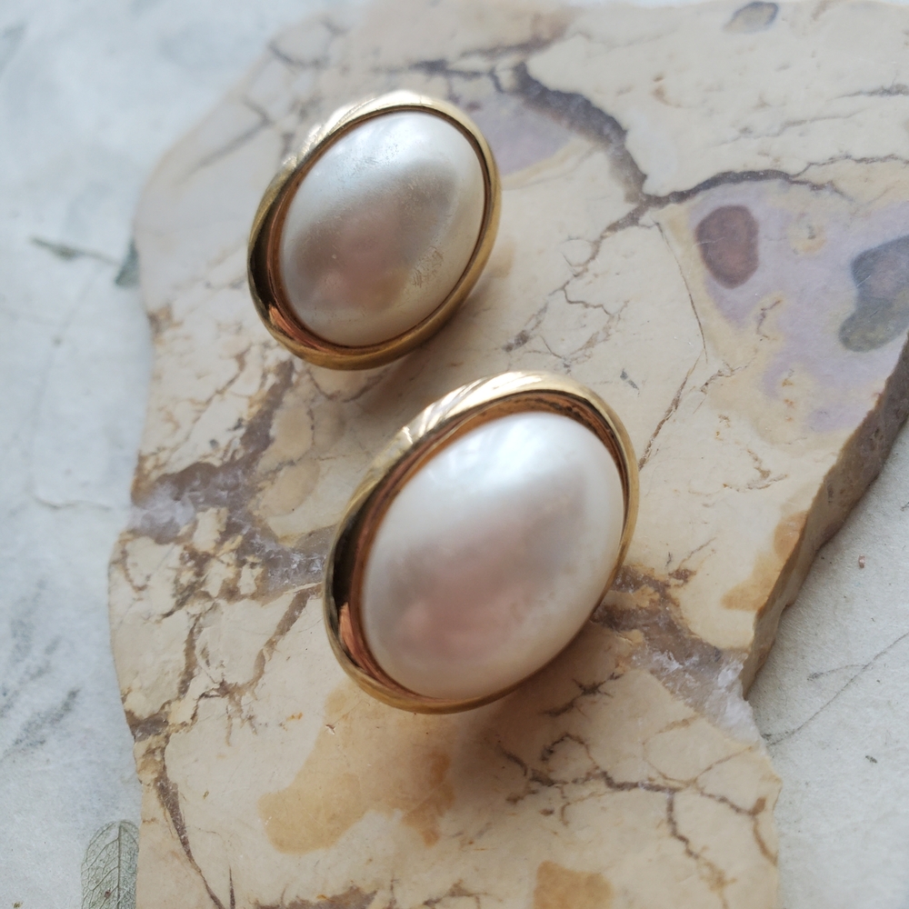 Trifari Faux Pearl Gold Tone Clip On Earrings